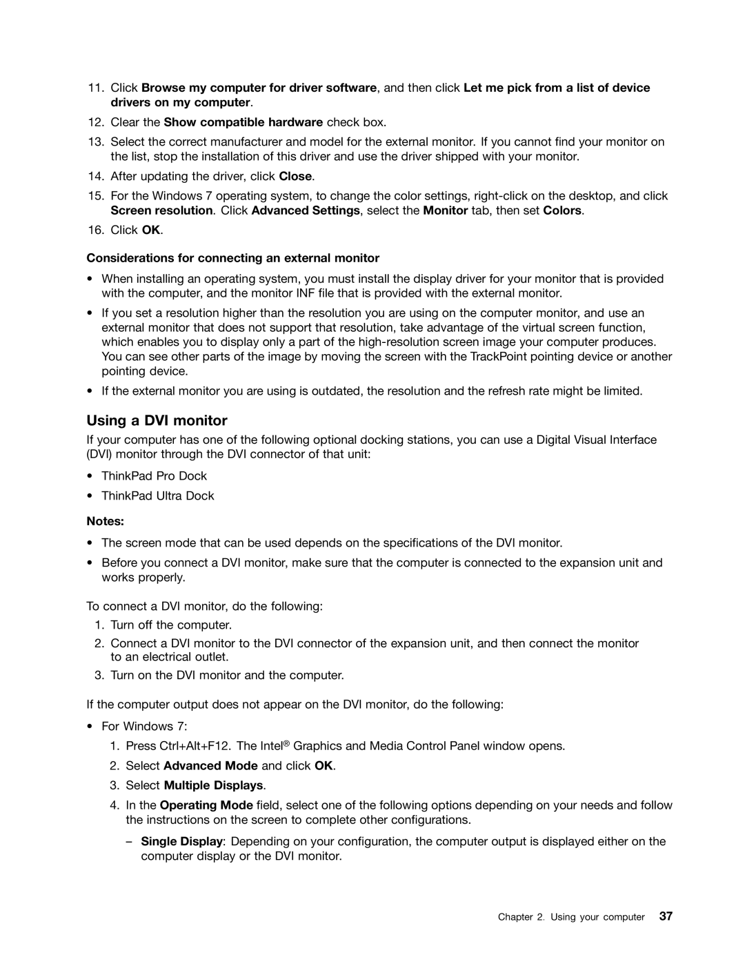 Lenovo 20AQ004JUS manual Using a DVI monitor, Considerations for connecting an external monitor, Select Multiple Displays 