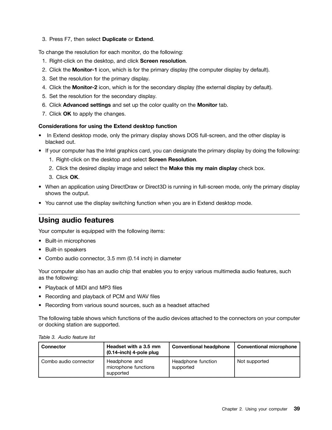 Lenovo 20AQ004JUS, 20AQ006HUS manual Using audio features, Considerations for using the Extend desktop function 