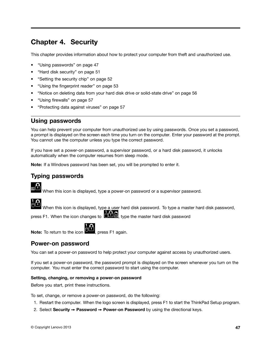 Lenovo 20AQ004JUS, 20AQ006HUS manual Security, Using passwords, Typing passwords, Power-on password 