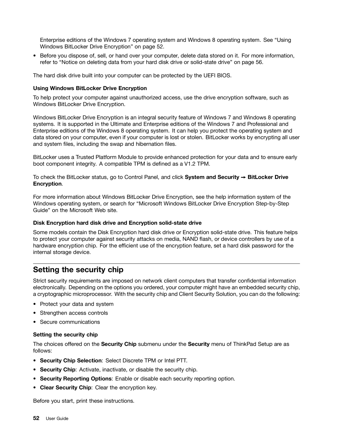 Lenovo 20AQ006HUS, 20AQ004JUS manual Setting the security chip, Using Windows BitLocker Drive Encryption 