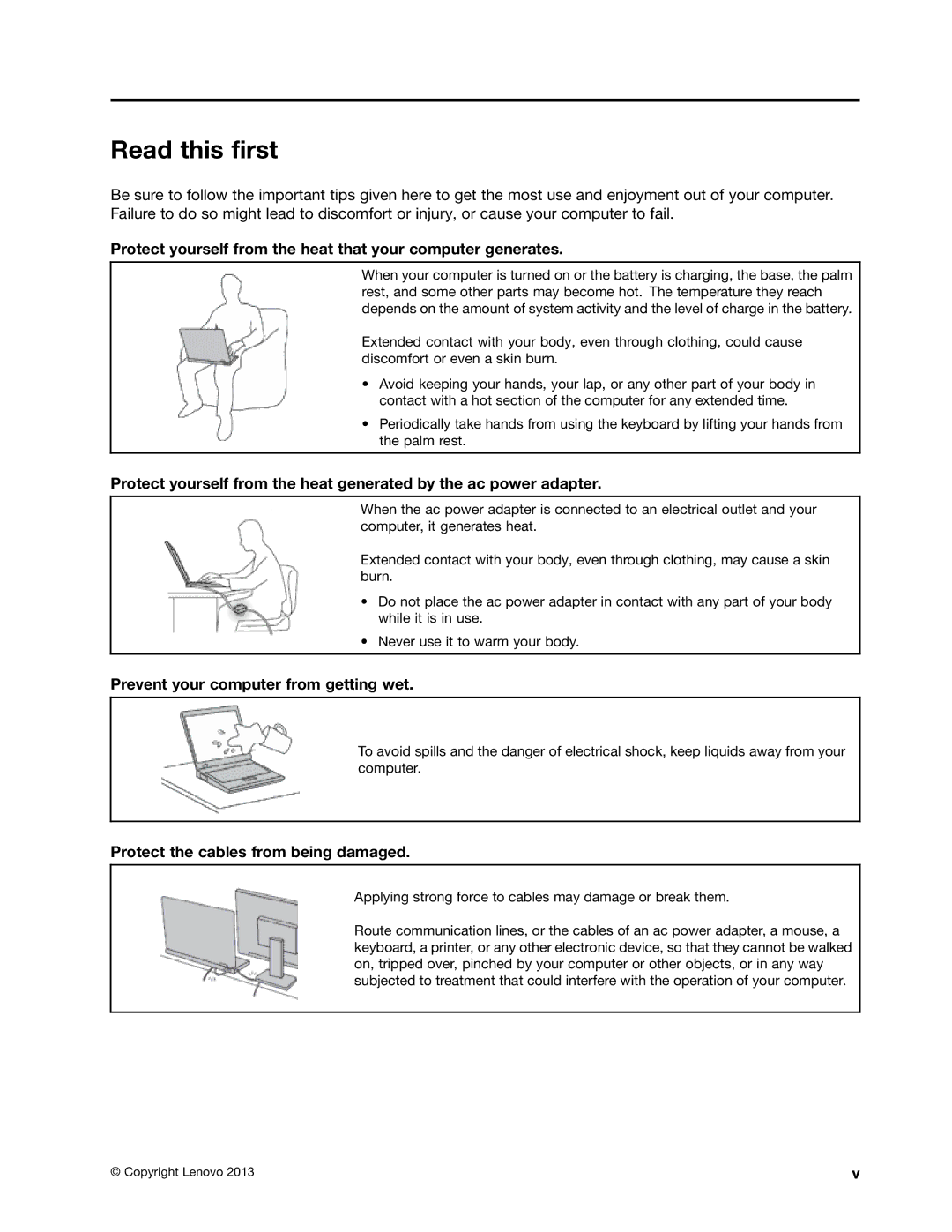 Lenovo 20AQ004JUS, 20AQ006HUS manual Read this first, Protect yourself from the heat that your computer generates 