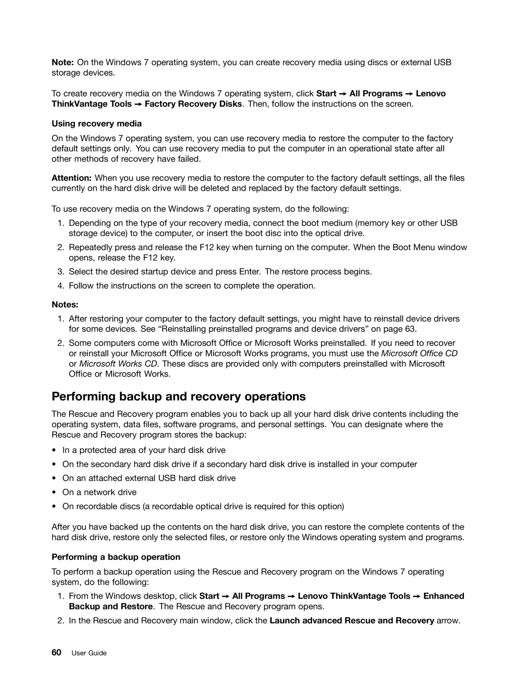 Lenovo 20AQ006HUS manual Performing backup and recovery operations, Using recovery media, Performing a backup operation 