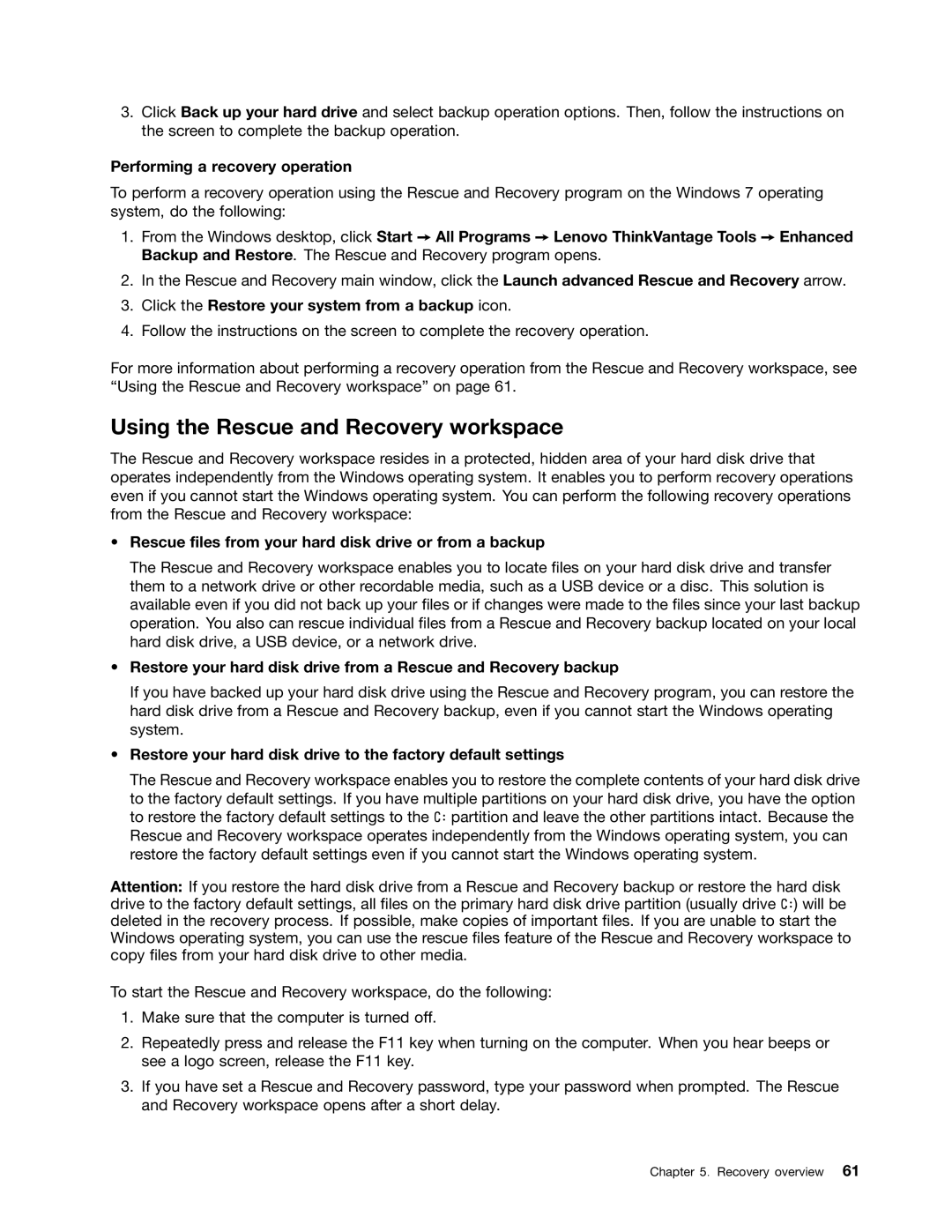 Lenovo 20AQ004JUS, 20AQ006HUS manual Using the Rescue and Recovery workspace, Performing a recovery operation 