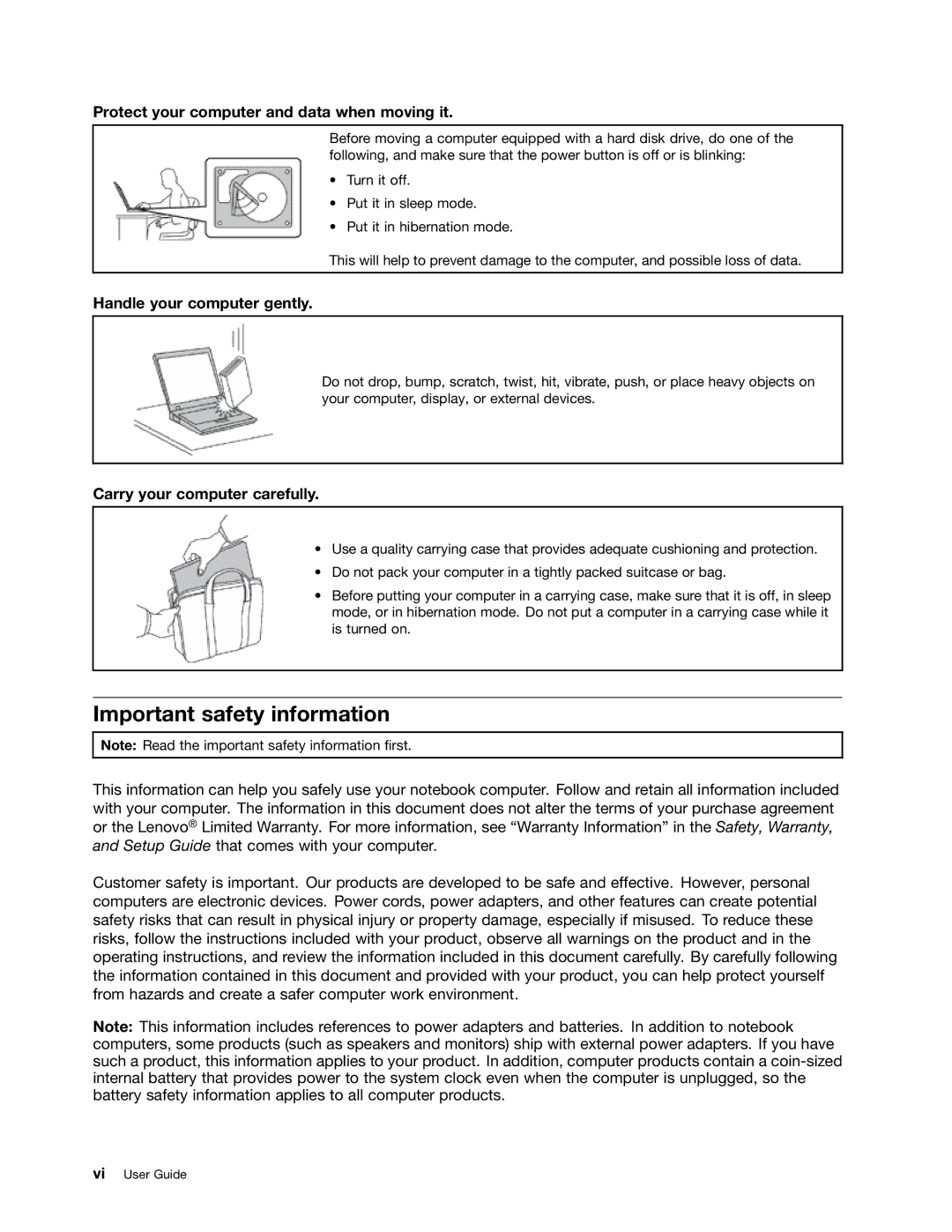 Lenovo 20AQ006HUS Important safety information, Protect your computer and data when moving it, Handle your computer gently 