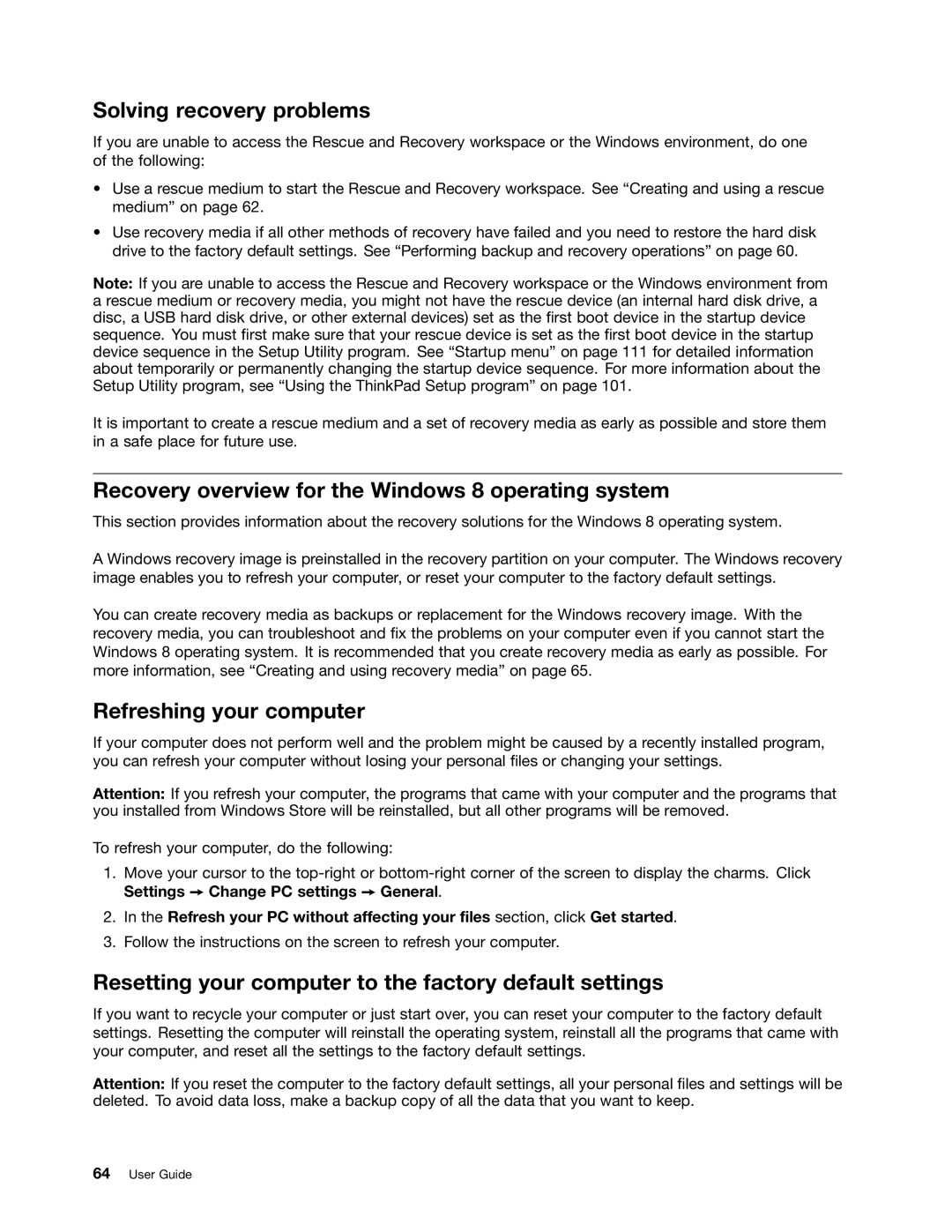Lenovo 20AQ006HUS, 20AQ004JUS manual Solving recovery problems, Recovery overview for the Windows 8 operating system 