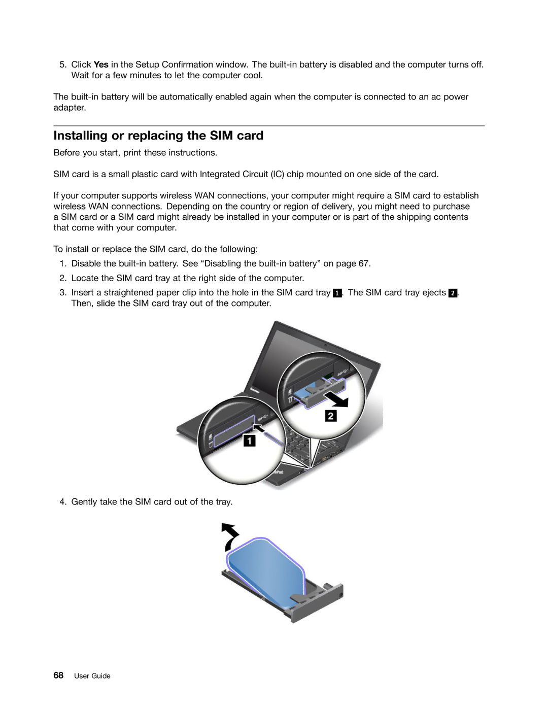 Lenovo 20AQ006HUS, 20AQ004JUS manual Installing or replacing the SIM card 