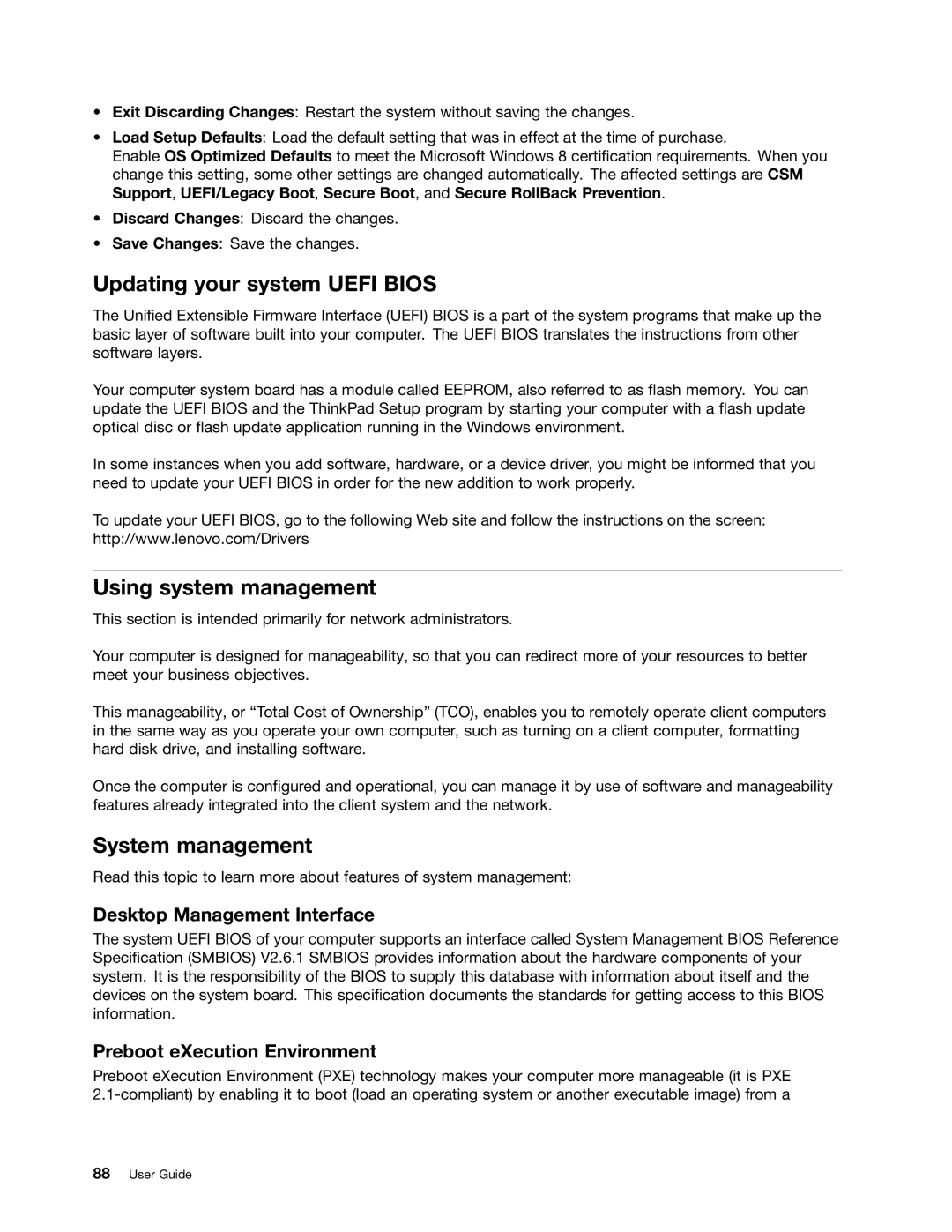 Lenovo 20AX000VUS Updating your system Uefi Bios, Using system management, System management, Desktop Management Interface 