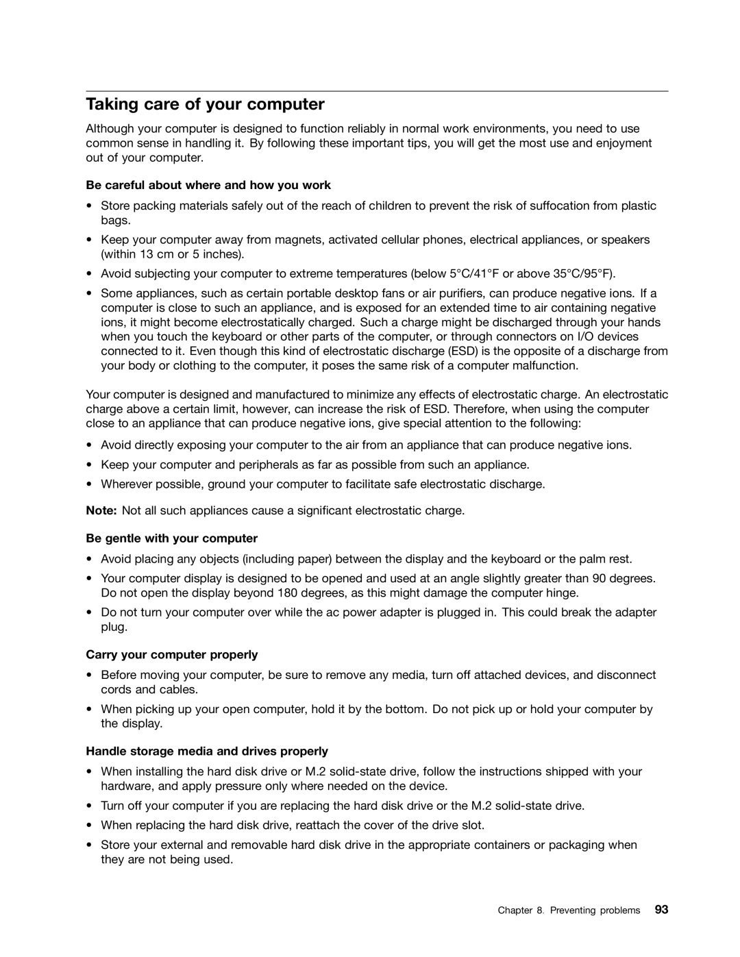 Lenovo 20AX000VUS Taking care of your computer, Be careful about where and how you work, Be gentle with your computer 
