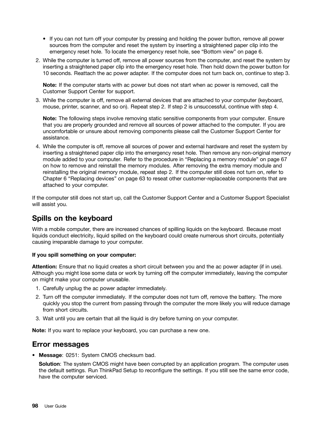 Lenovo 20AX000VUS manual Spills on the keyboard, Error messages, If you spill something on your computer 