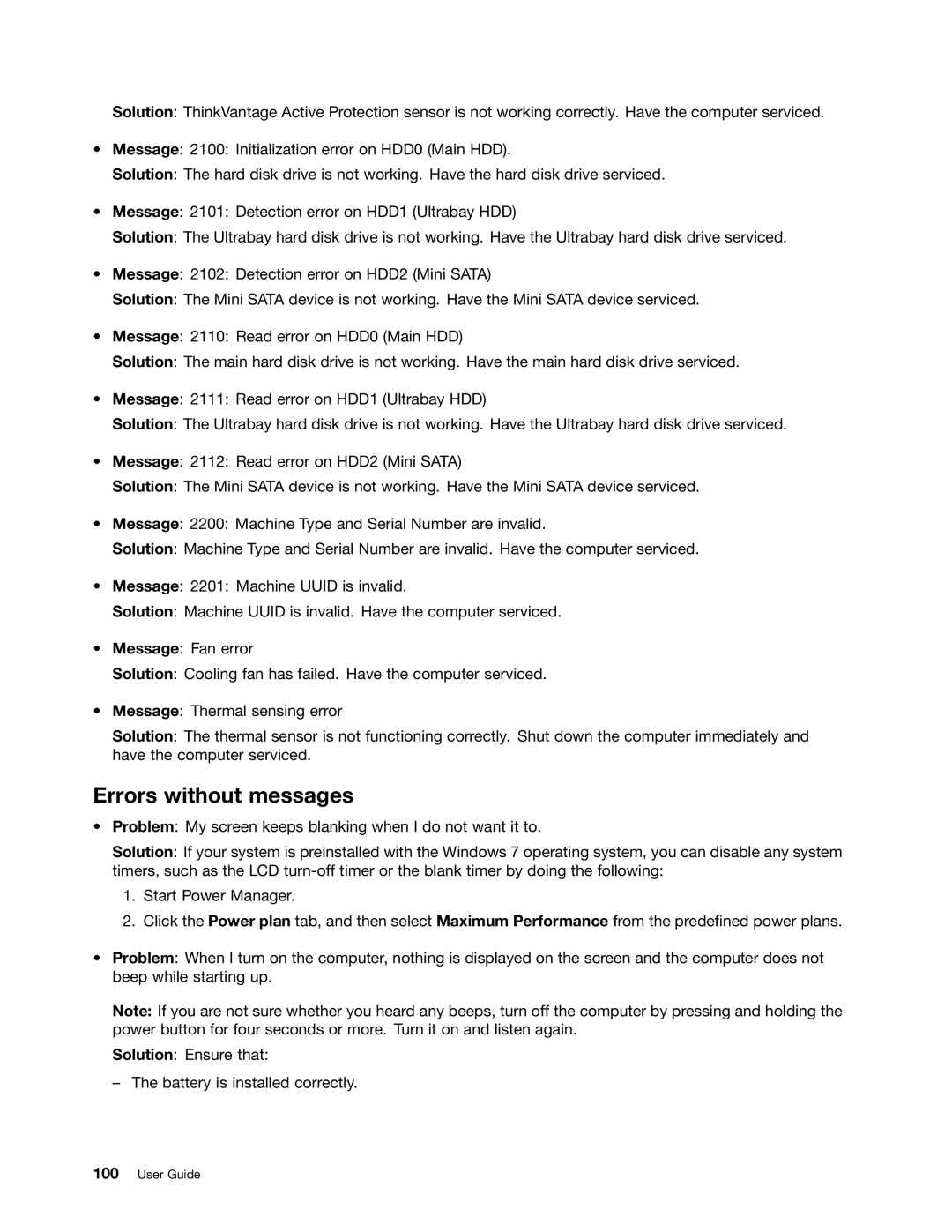 Lenovo 20AX000VUS manual Errors without messages 