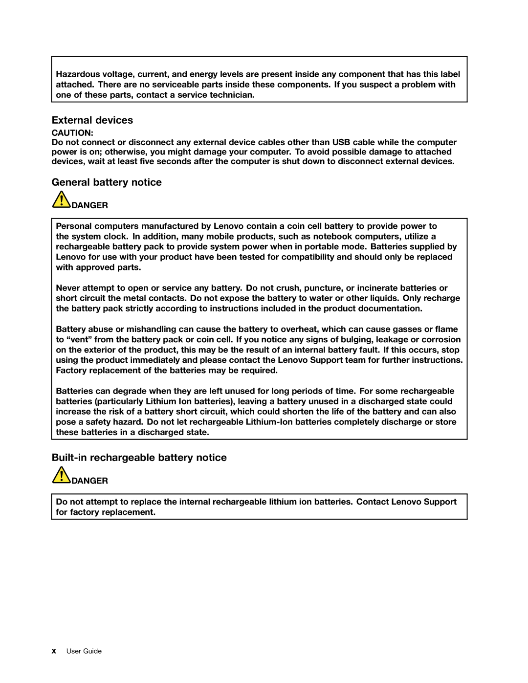 Lenovo 20AX000VUS manual External devices, General battery notice, Built-in rechargeable battery notice 