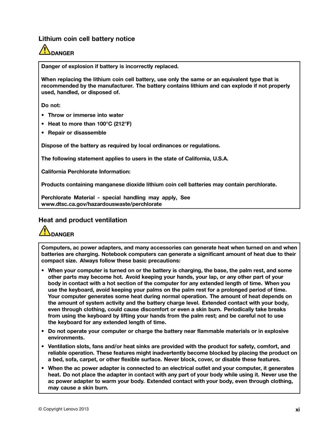 Lenovo 20AX000VUS manual Lithium coin cell battery notice, Heat and product ventilation 