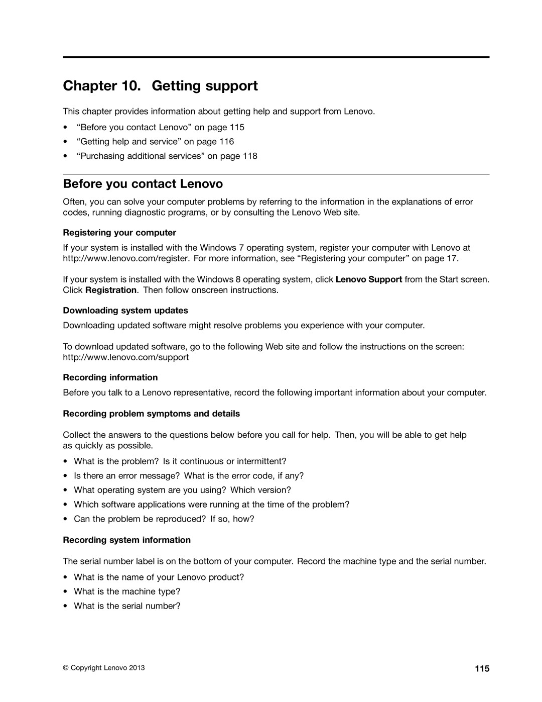 Lenovo 20AX000VUS manual Getting support, Before you contact Lenovo 