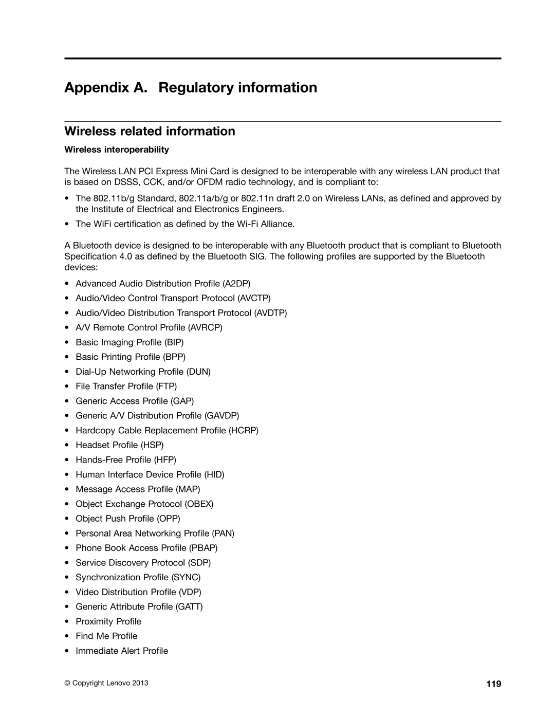 Lenovo 20AX000VUS manual Appendix A. Regulatory information, Wireless related information, Wireless interoperability, 119 