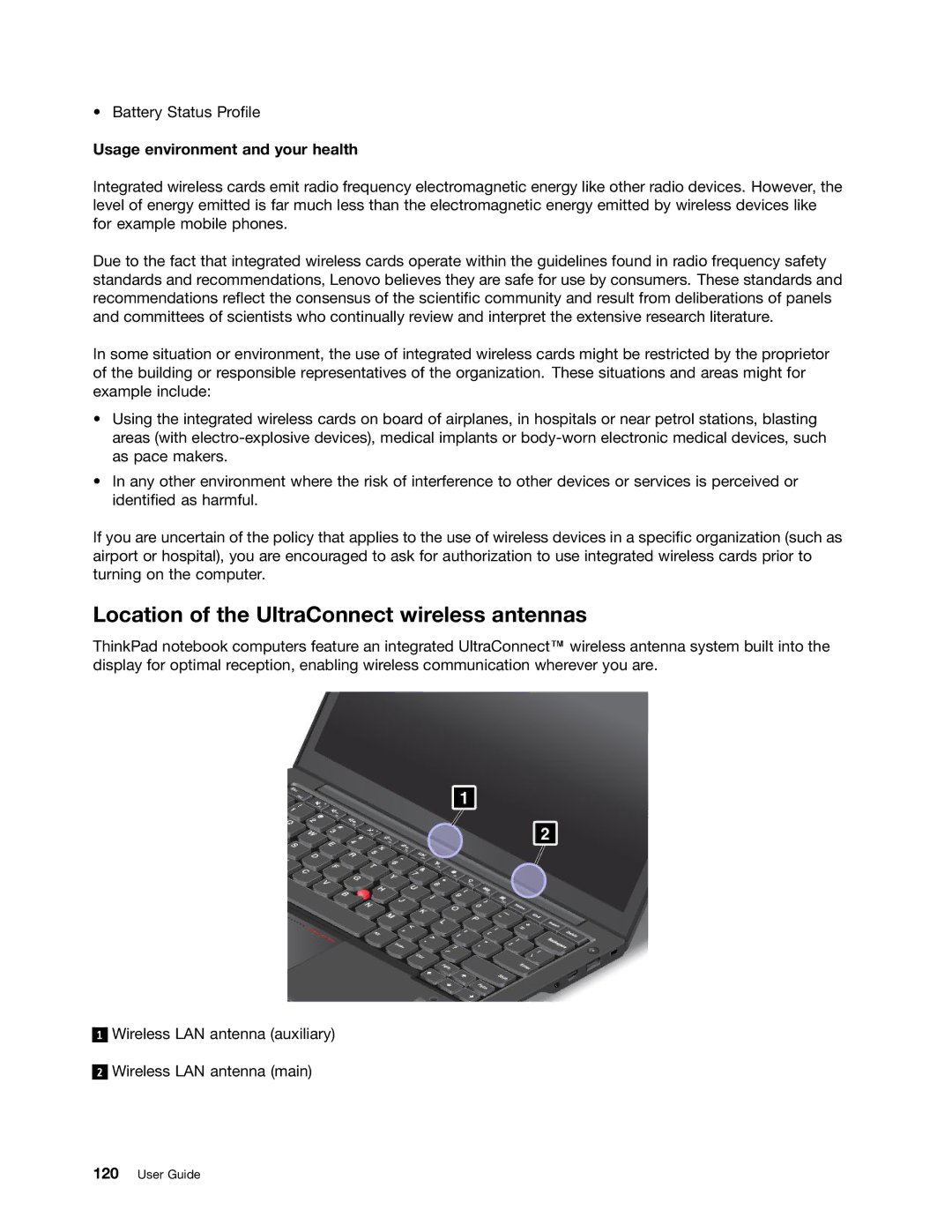 Lenovo 20AX000VUS manual Location of the UltraConnect wireless antennas, Usage environment and your health 