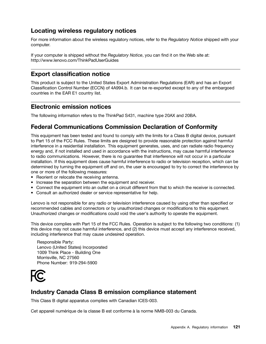 Lenovo 20AX000VUS manual Locating wireless regulatory notices, Export classification notice, Electronic emission notices 