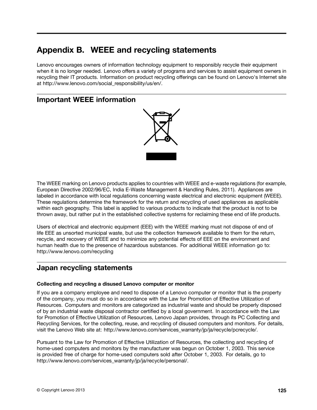 Lenovo 20AX000VUS Appendix B. Weee and recycling statements, Important Weee information, Japan recycling statements, 125 