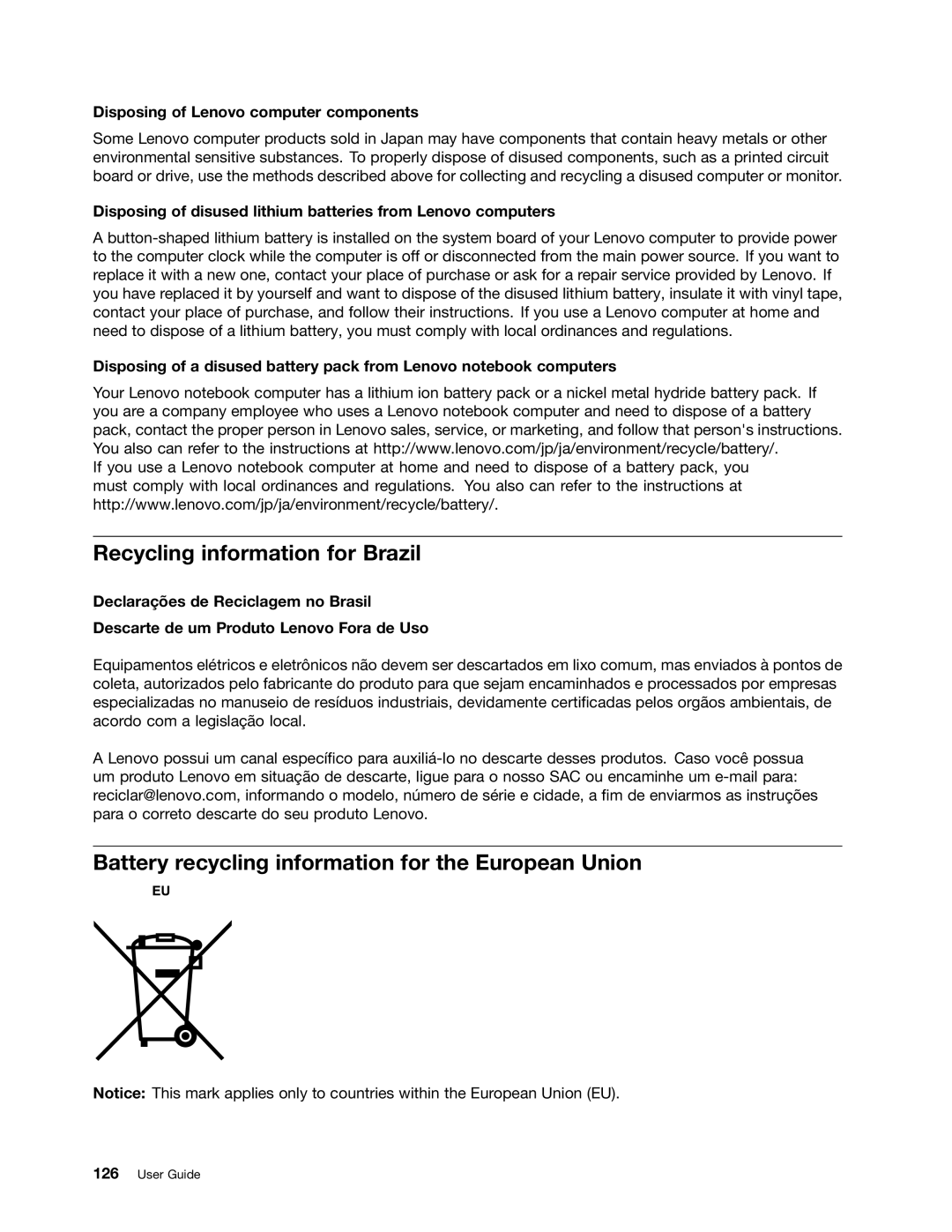 Lenovo 20AX000VUS manual Recycling information for Brazil, Battery recycling information for the European Union 