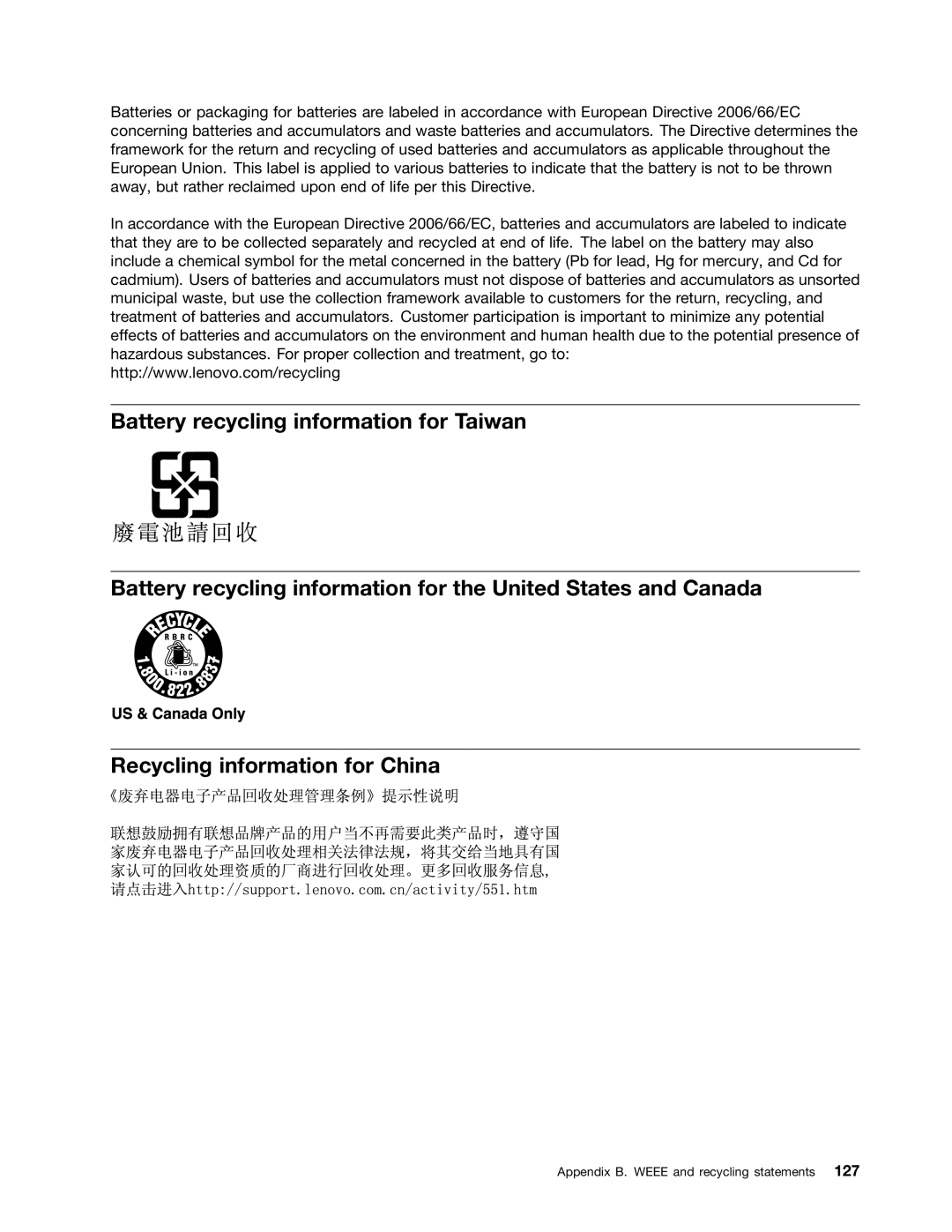 Lenovo 20AX000VUS manual Appendix B. Weee and recycling statements 