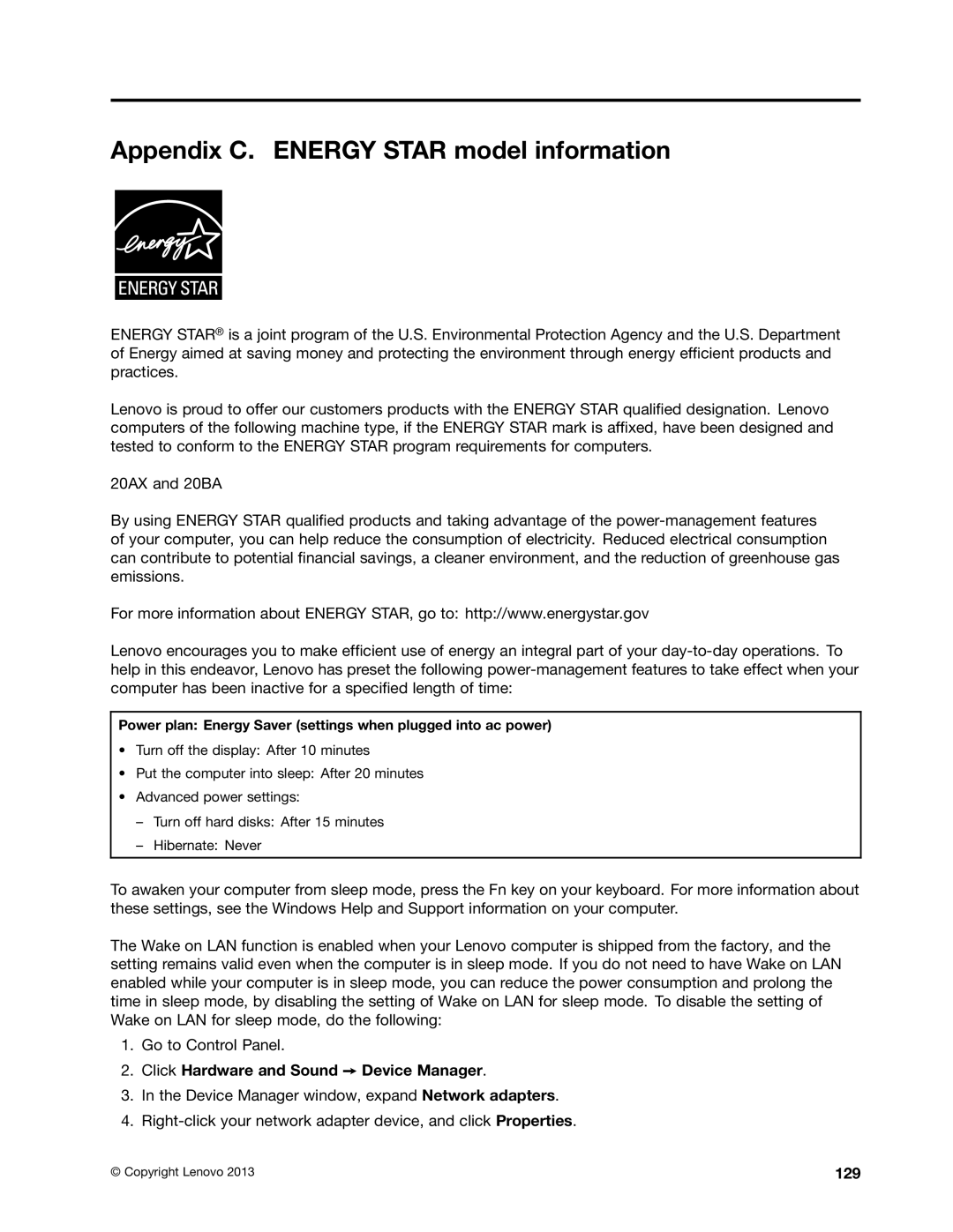 Lenovo 20AX000VUS manual Appendix C. Energy Star model information, Click Hardware and Sound Device Manager, 129 