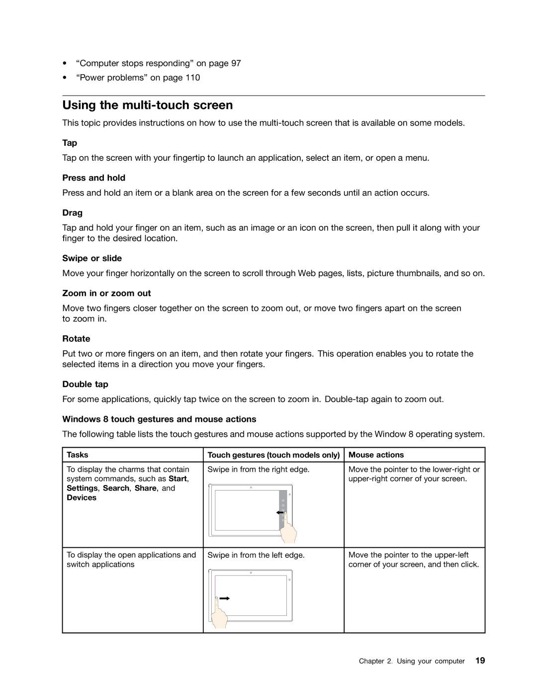 Lenovo 20AX000VUS manual Using the multi-touch screen 