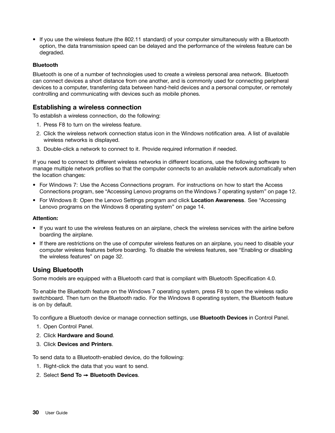 Lenovo 20AX000VUS Establishing a wireless connection, Using Bluetooth, Click Hardware and Sound Click Devices and Printers 