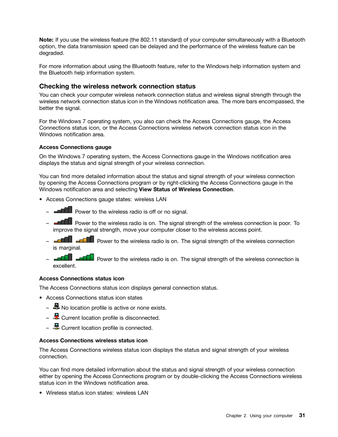 Lenovo 20AX000VUS manual Checking the wireless network connection status, Access Connections gauge 