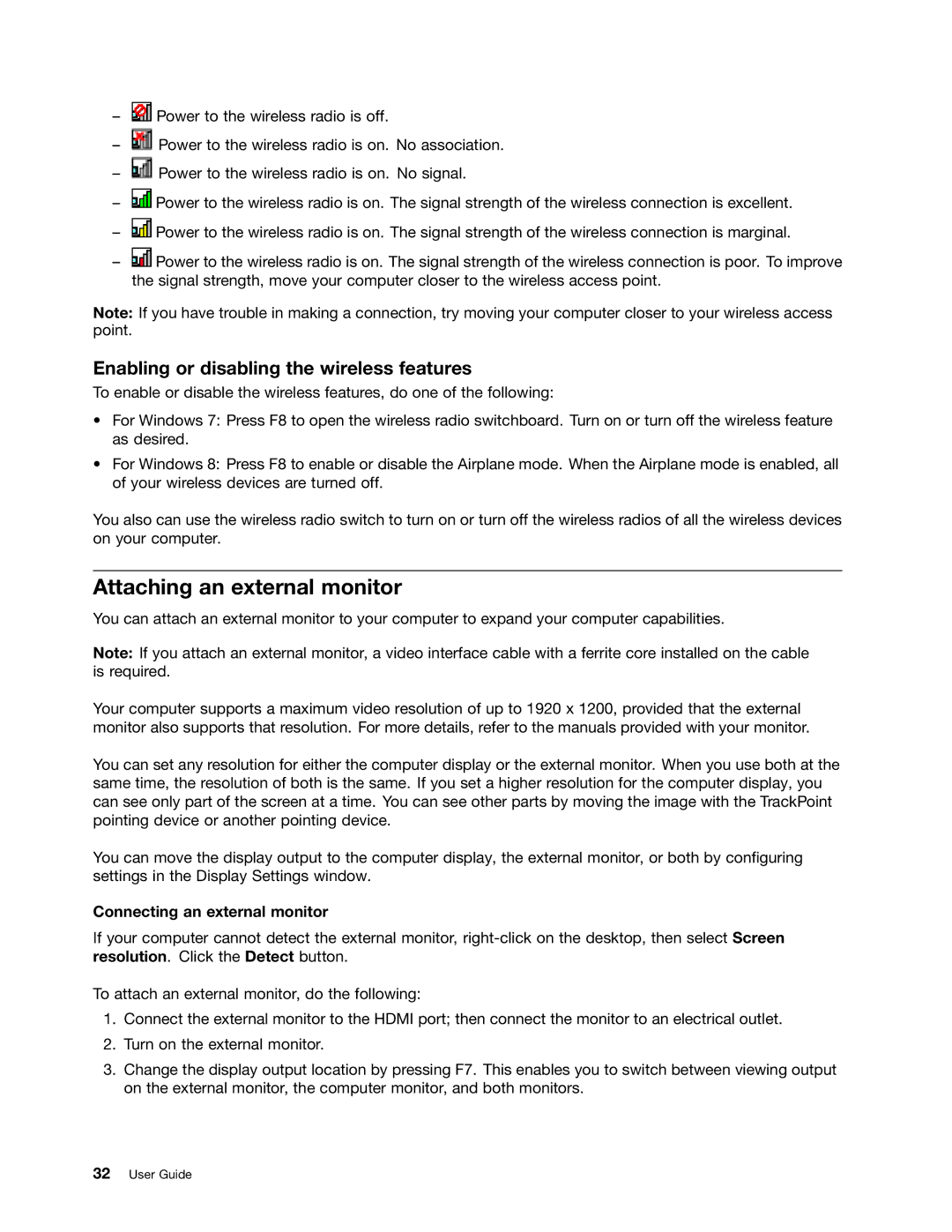 Lenovo 20AX000VUS manual Attaching an external monitor, Enabling or disabling the wireless features 