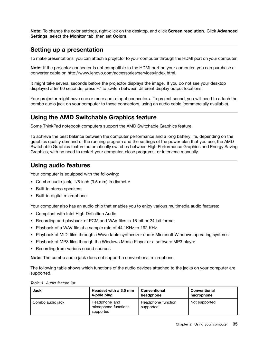 Lenovo 20AX000VUS manual Setting up a presentation, Using the AMD Switchable Graphics feature, Using audio features 