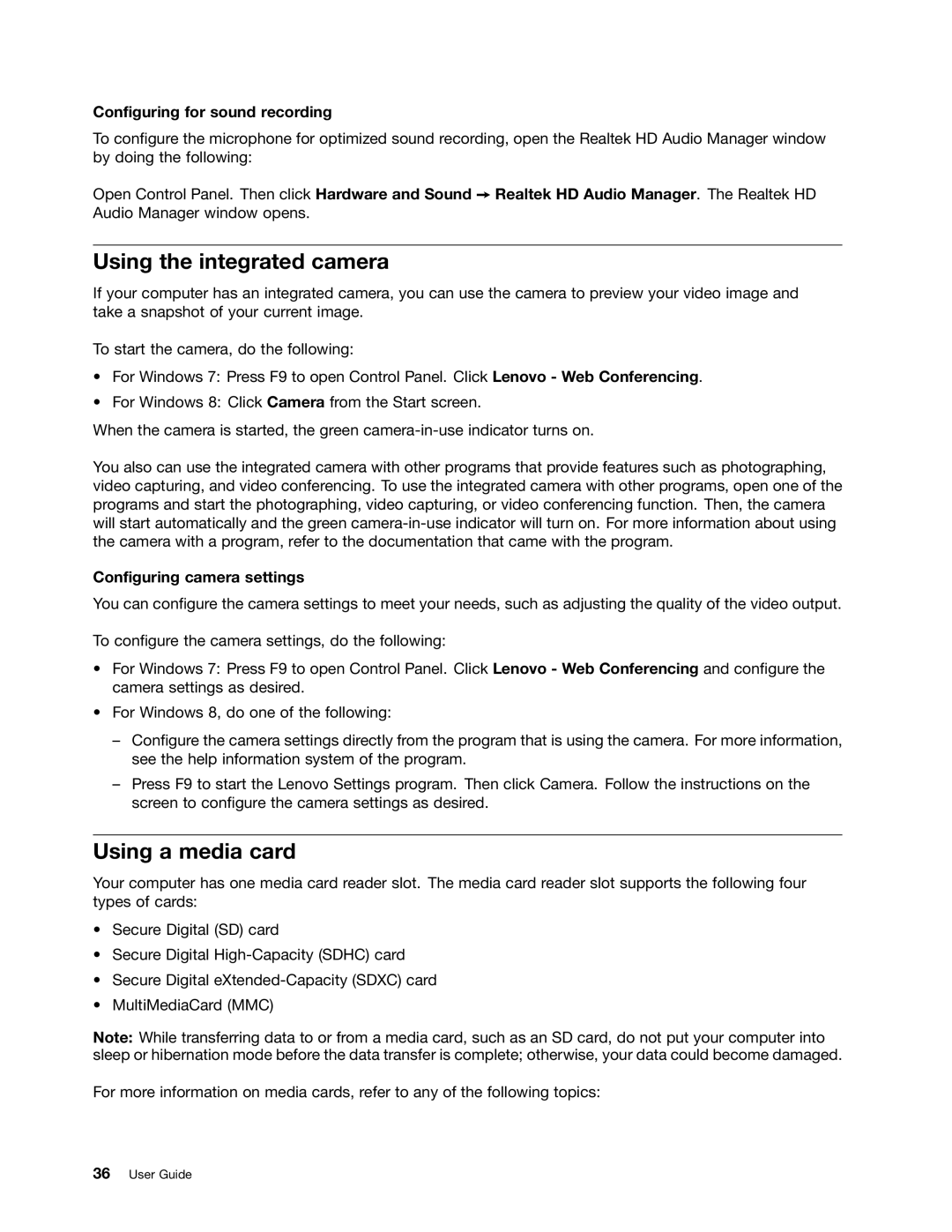 Lenovo 20AX000VUS manual Using the integrated camera, Using a media card, Configuring for sound recording 