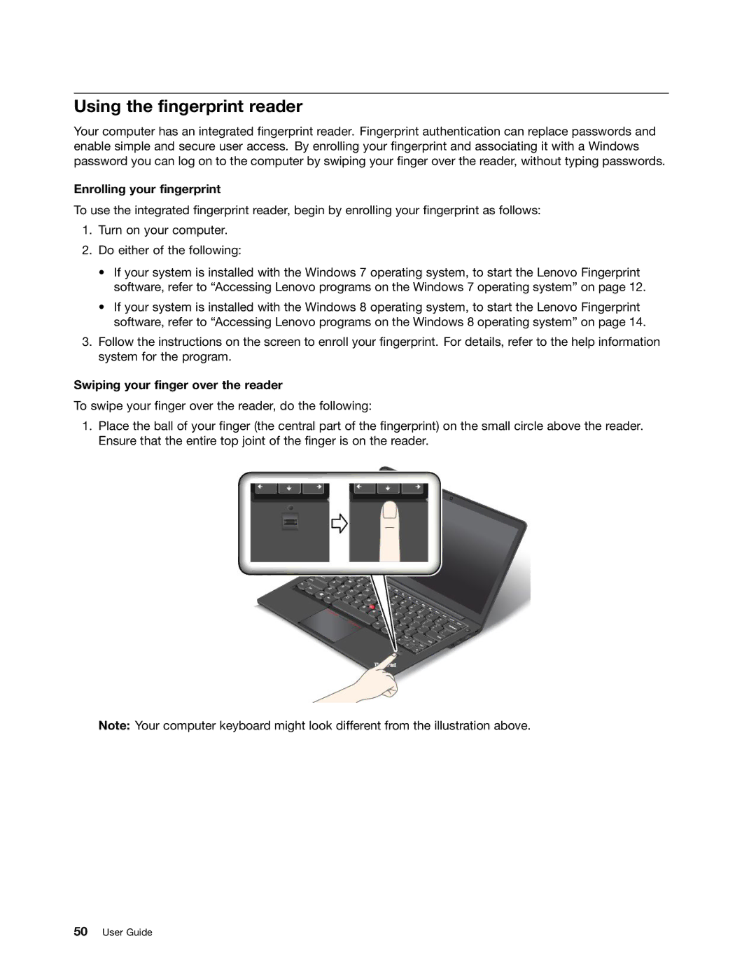 Lenovo 20AX000VUS manual Using the fingerprint reader, Enrolling your fingerprint, Swiping your finger over the reader 