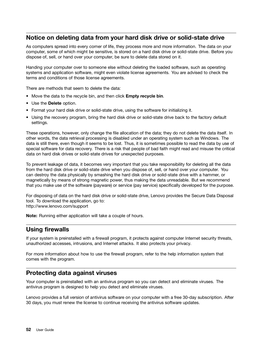 Lenovo 20AX000VUS manual Using firewalls, Protecting data against viruses 