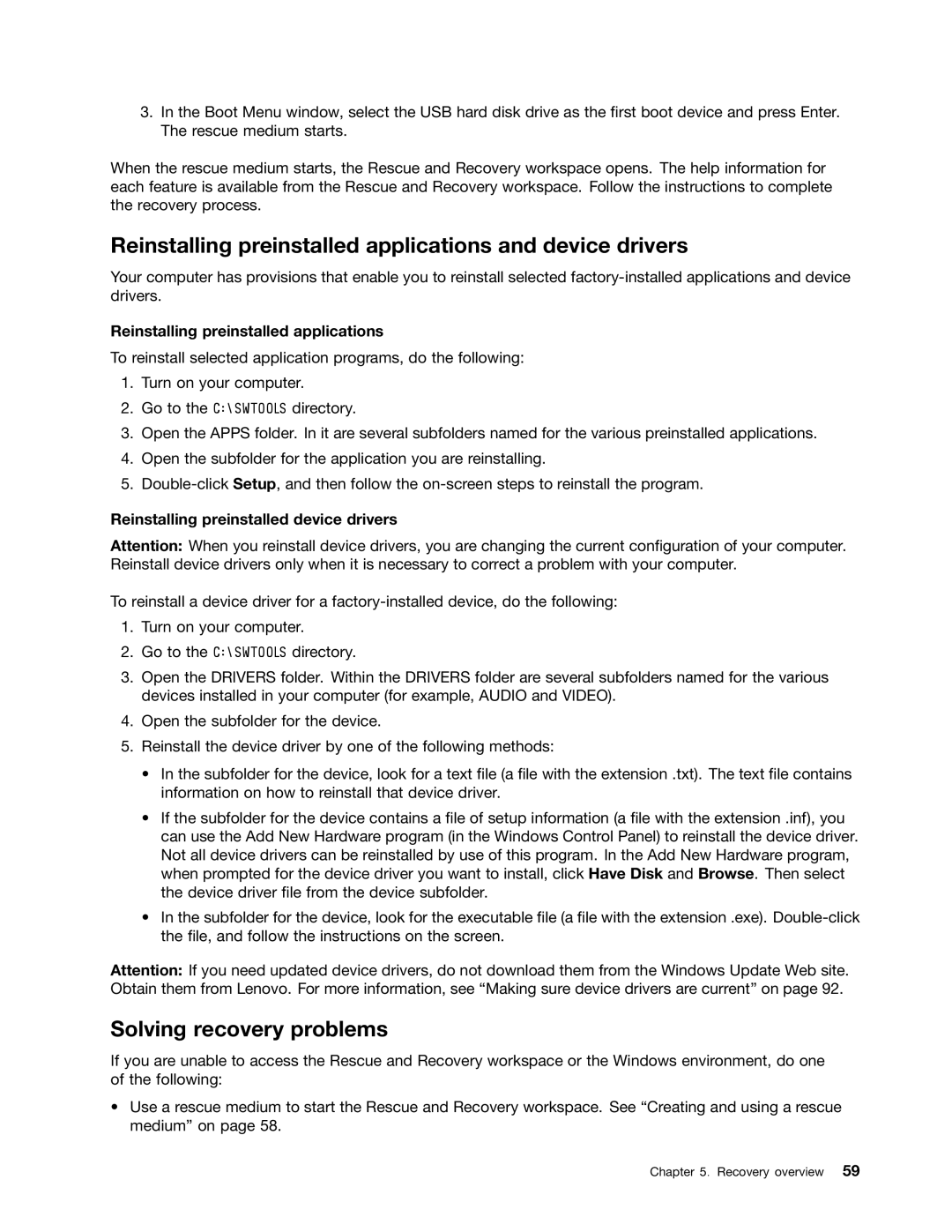 Lenovo 20AX000VUS manual Reinstalling preinstalled applications and device drivers, Solving recovery problems 