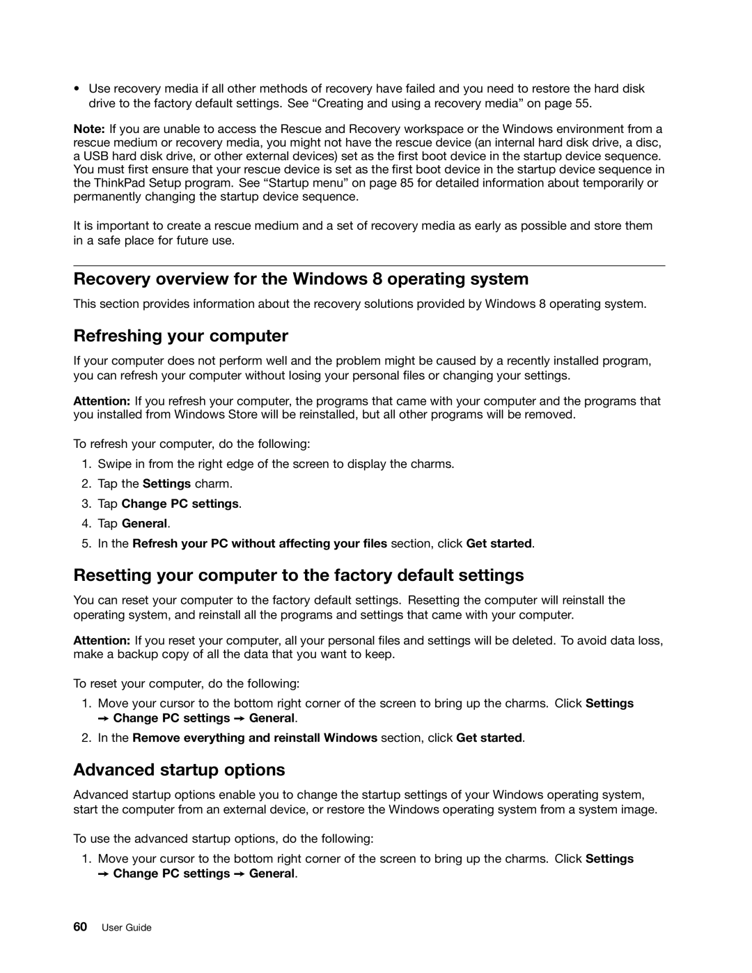 Lenovo 20AX000VUS Recovery overview for the Windows 8 operating system, Refreshing your computer, Advanced startup options 