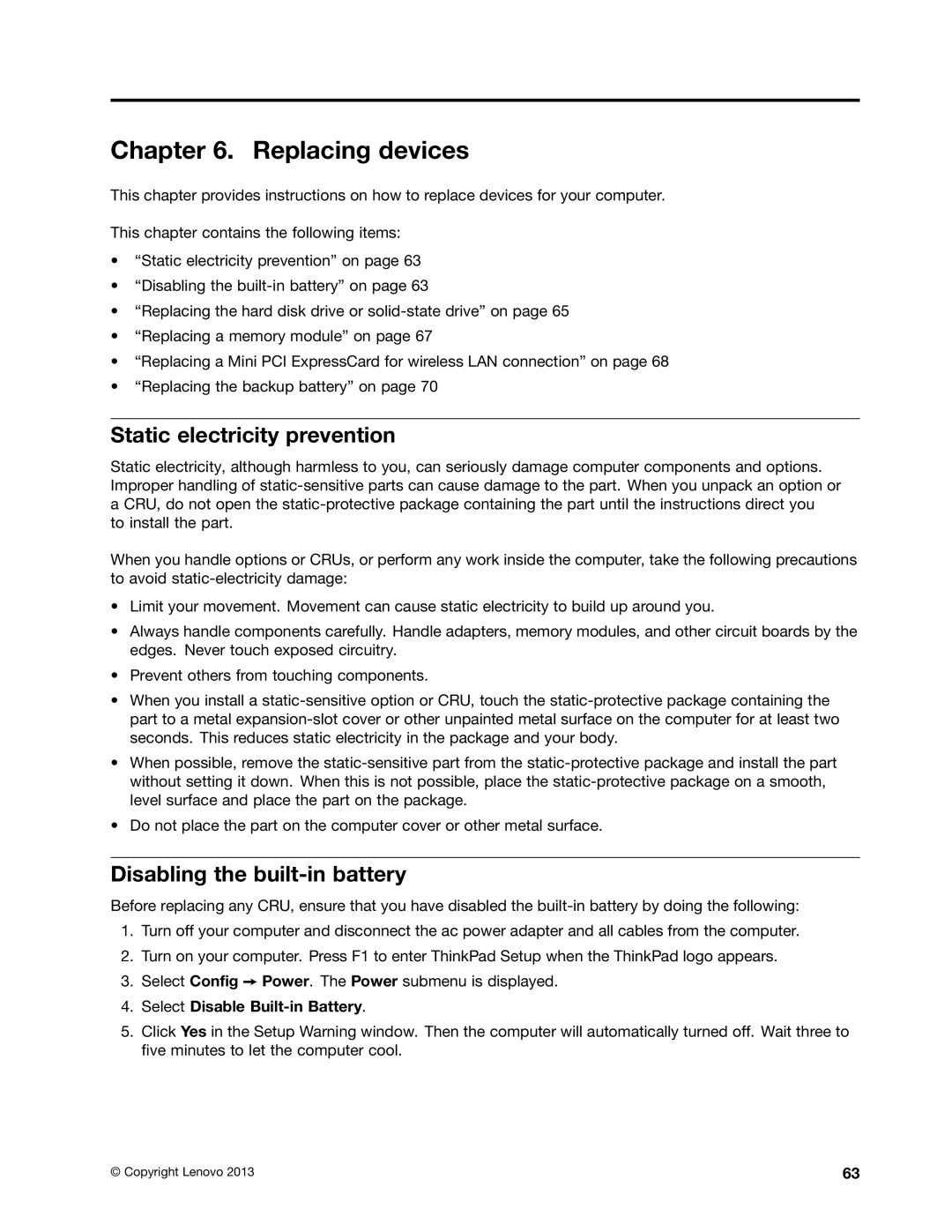 Lenovo 20AX000VUS manual Replacing devices, Static electricity prevention, Disabling the built-in battery 