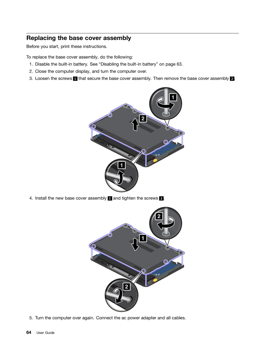 Lenovo 20AX000VUS manual Replacing the base cover assembly 