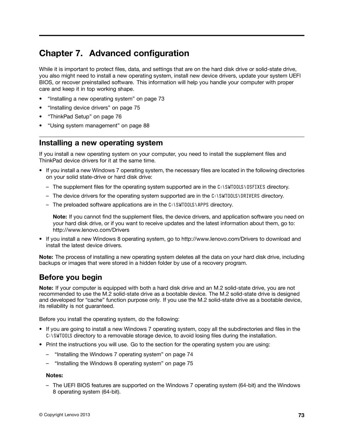 Lenovo 20AX000VUS manual Advanced configuration, Installing a new operating system, Before you begin 