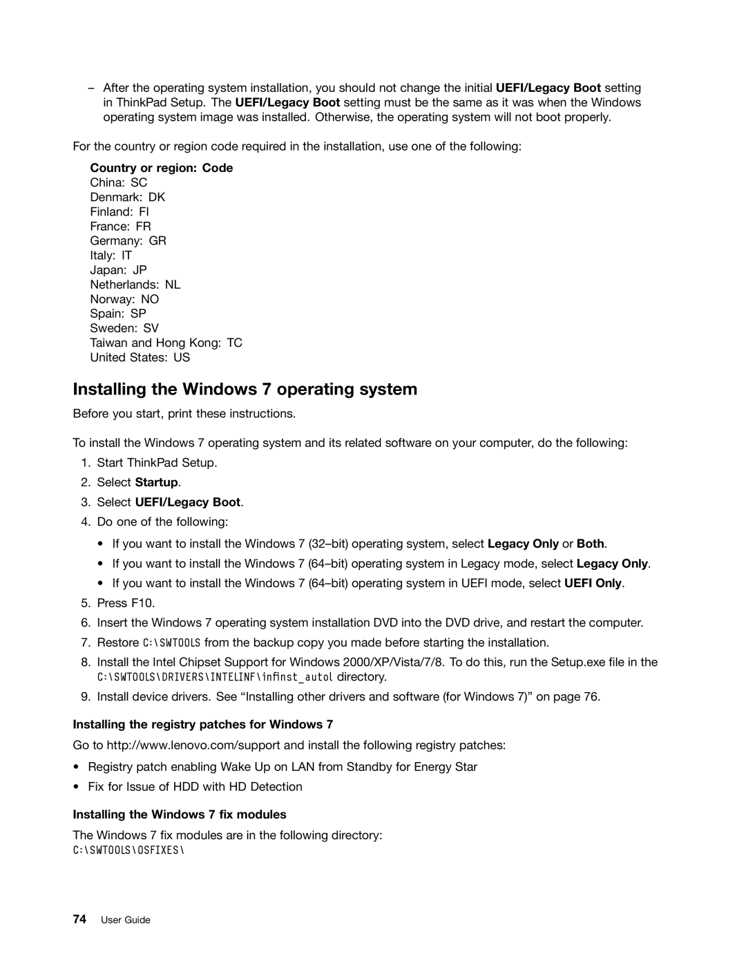 Lenovo 20AX000VUS manual Installing the Windows 7 operating system, Country or region Code, Select UEFI/Legacy Boot 