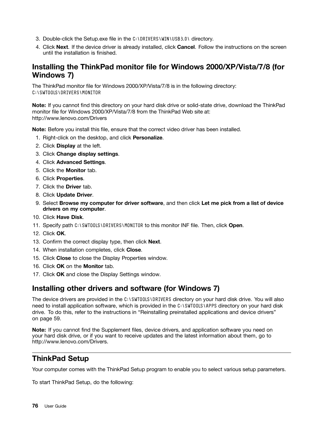 Lenovo 20AX000VUS manual Installing other drivers and software for Windows, ThinkPad Setup, Click Properties 
