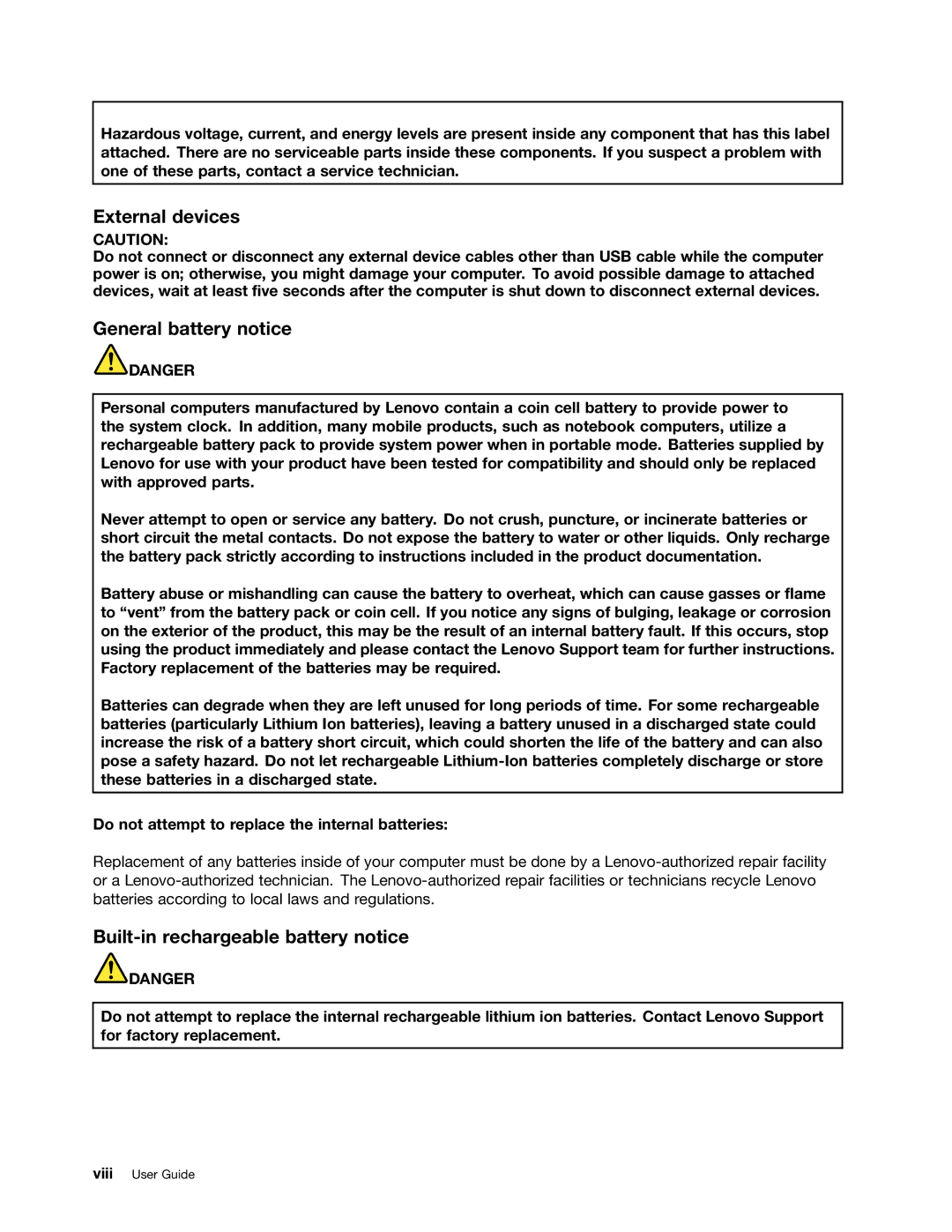 Lenovo 20CD0033US manual External devices, General battery notice, Built-in rechargeable battery notice 