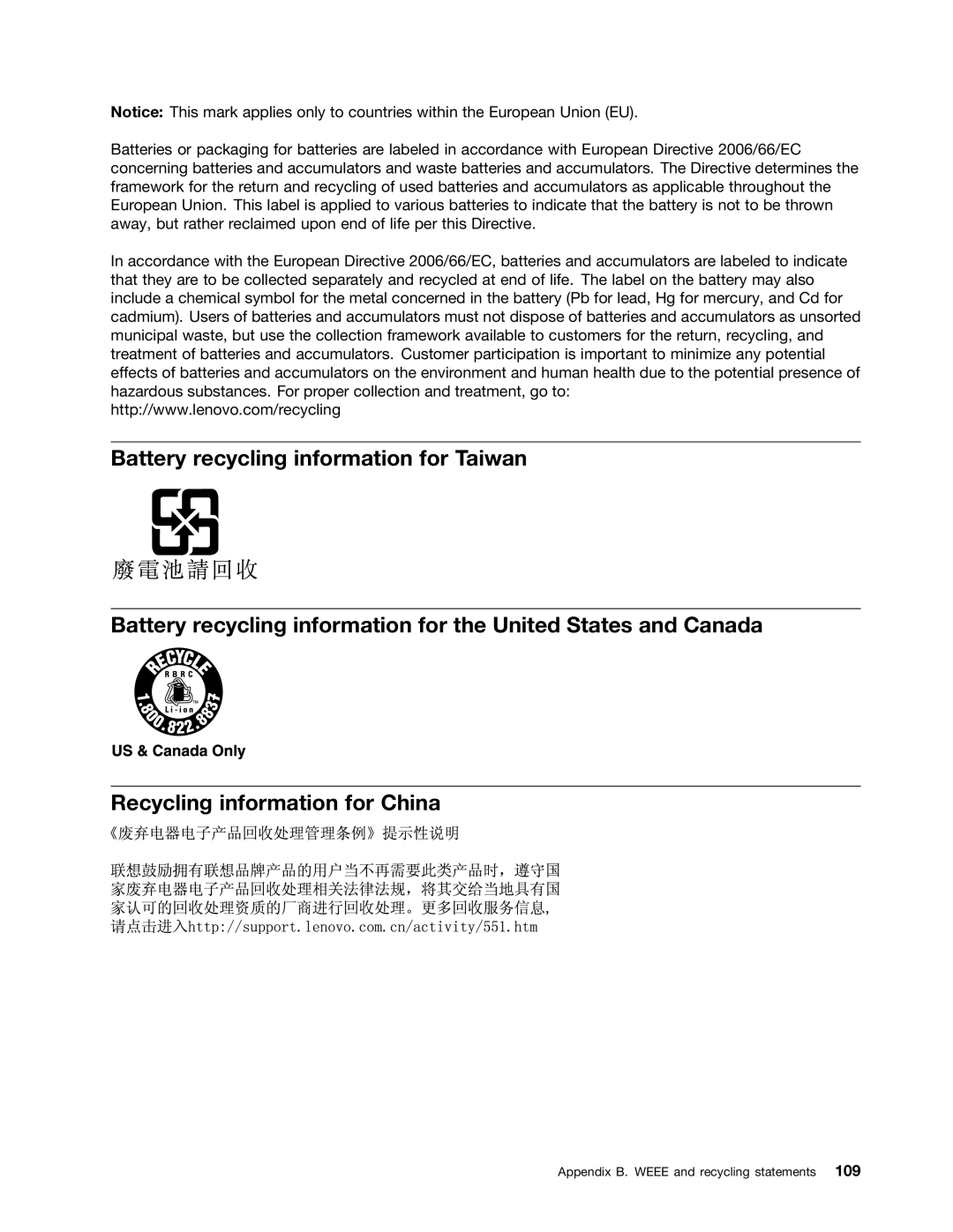 Lenovo 20CD0033US manual Appendix B. Weee and recycling statements 