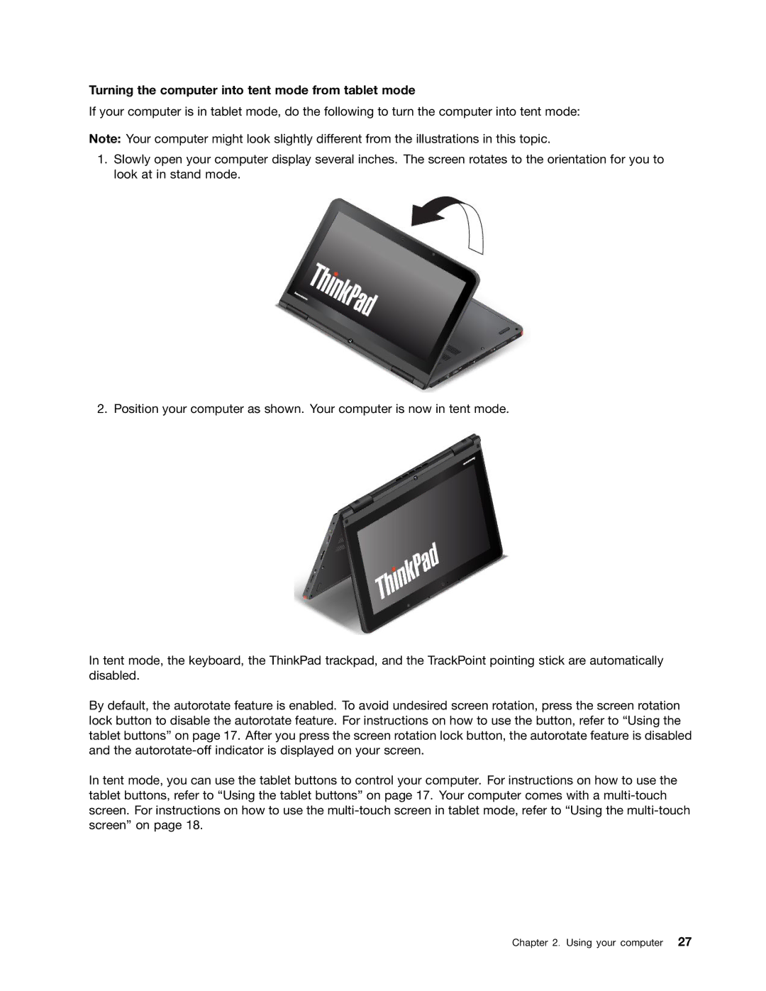 Lenovo 20CD0033US manual Turning the computer into tent mode from tablet mode 