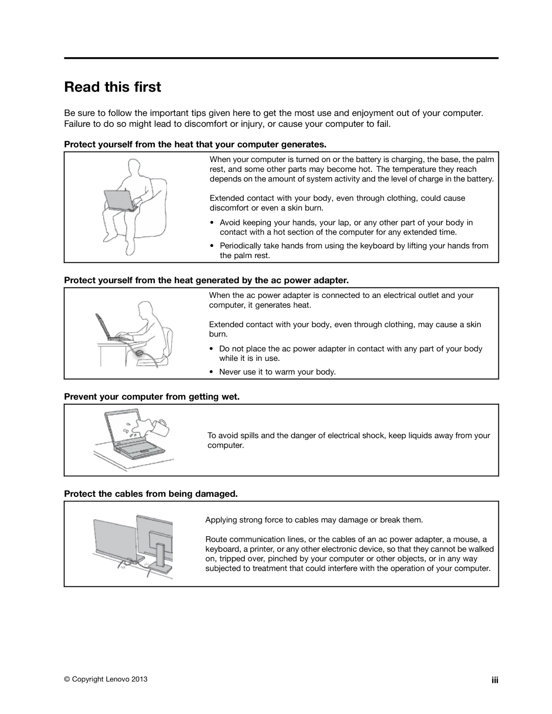 Lenovo 20CD0033US manual Read this first, Protect yourself from the heat that your computer generates, Iii 