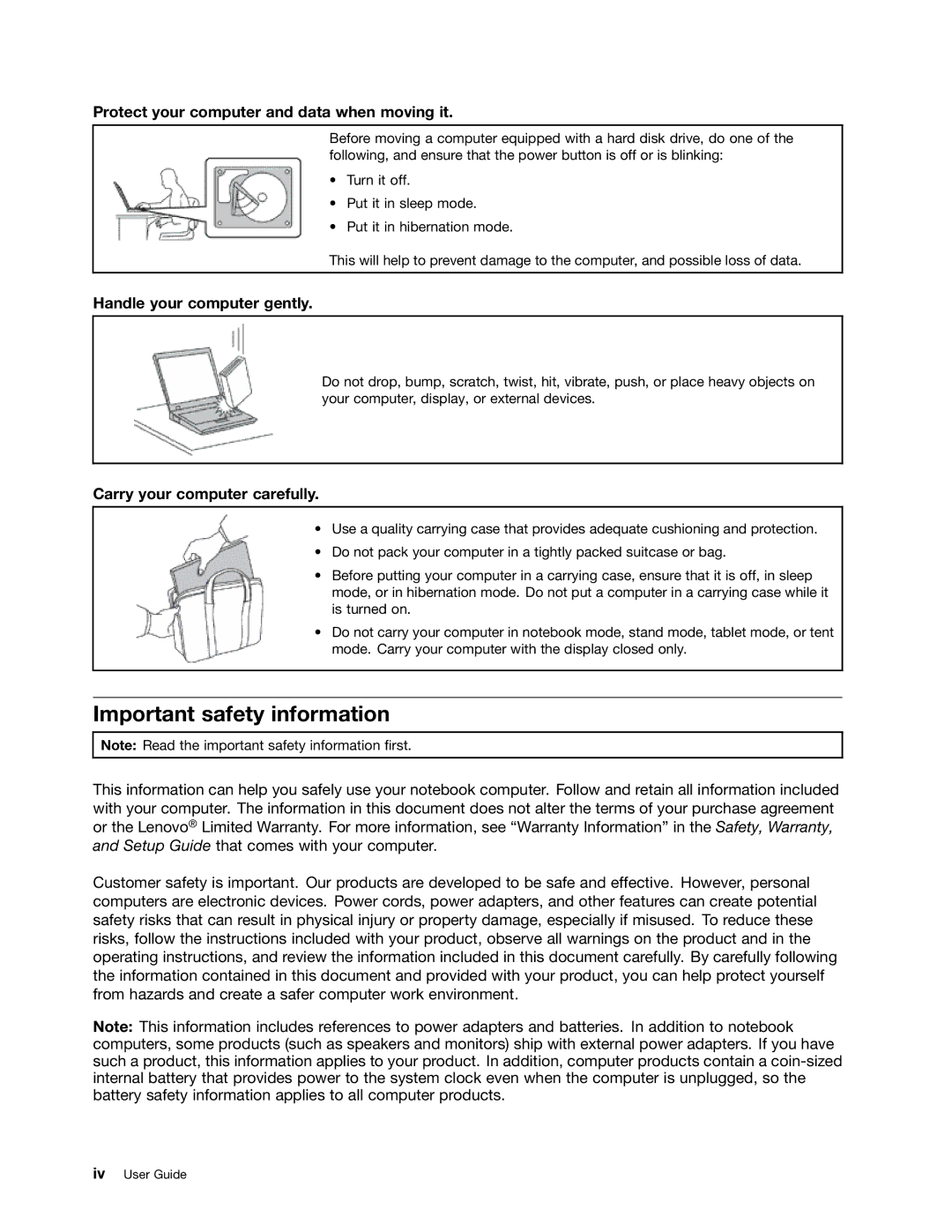 Lenovo 20CD0033US Important safety information, Protect your computer and data when moving it, Handle your computer gently 