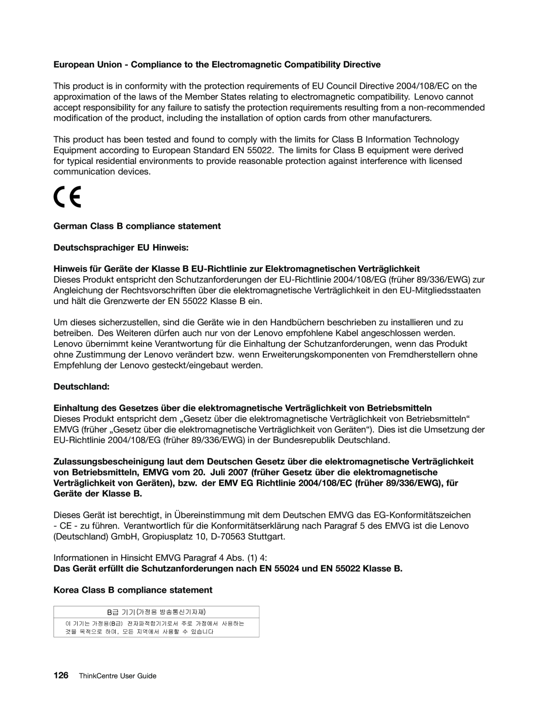 Lenovo 1766, 2112, 2111, 2110, 2011, 1663, 1565 German Class B compliance statement, Deutschsprachiger EU Hinweis, Deutschland 