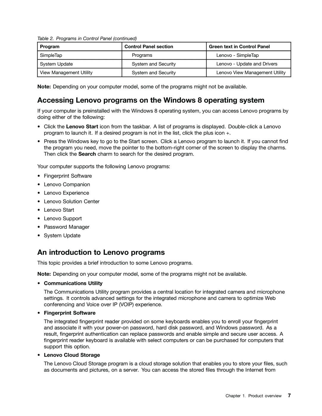 Lenovo 1765 An introduction to Lenovo programs, •Communications Utility, •Fingerprint Software, •Lenovo Cloud Storage 