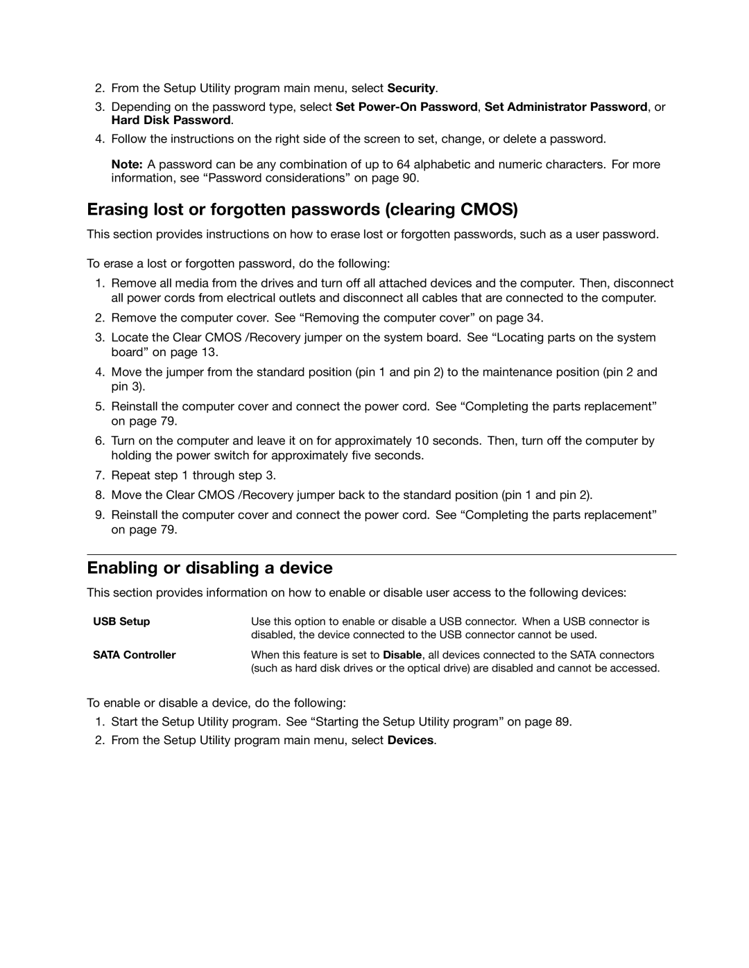 Lenovo 2011, 2112, 2111, 2110, 1663, 1565 Erasing lost or forgotten passwords clearing Cmos, Enabling or disabling a device 