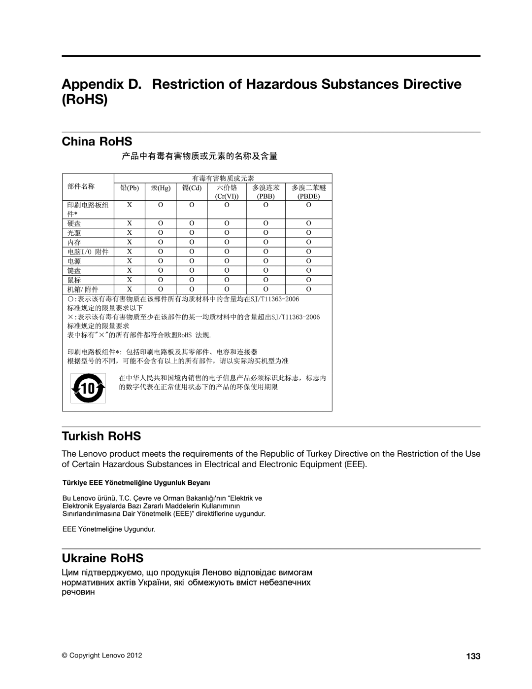 Lenovo 1565, 2112, 2111, 2110, 2011, 1663, 1662, 1562, 1766, 1765 manual China RoHS Turkish RoHS, Ukraine RoHS, 133 