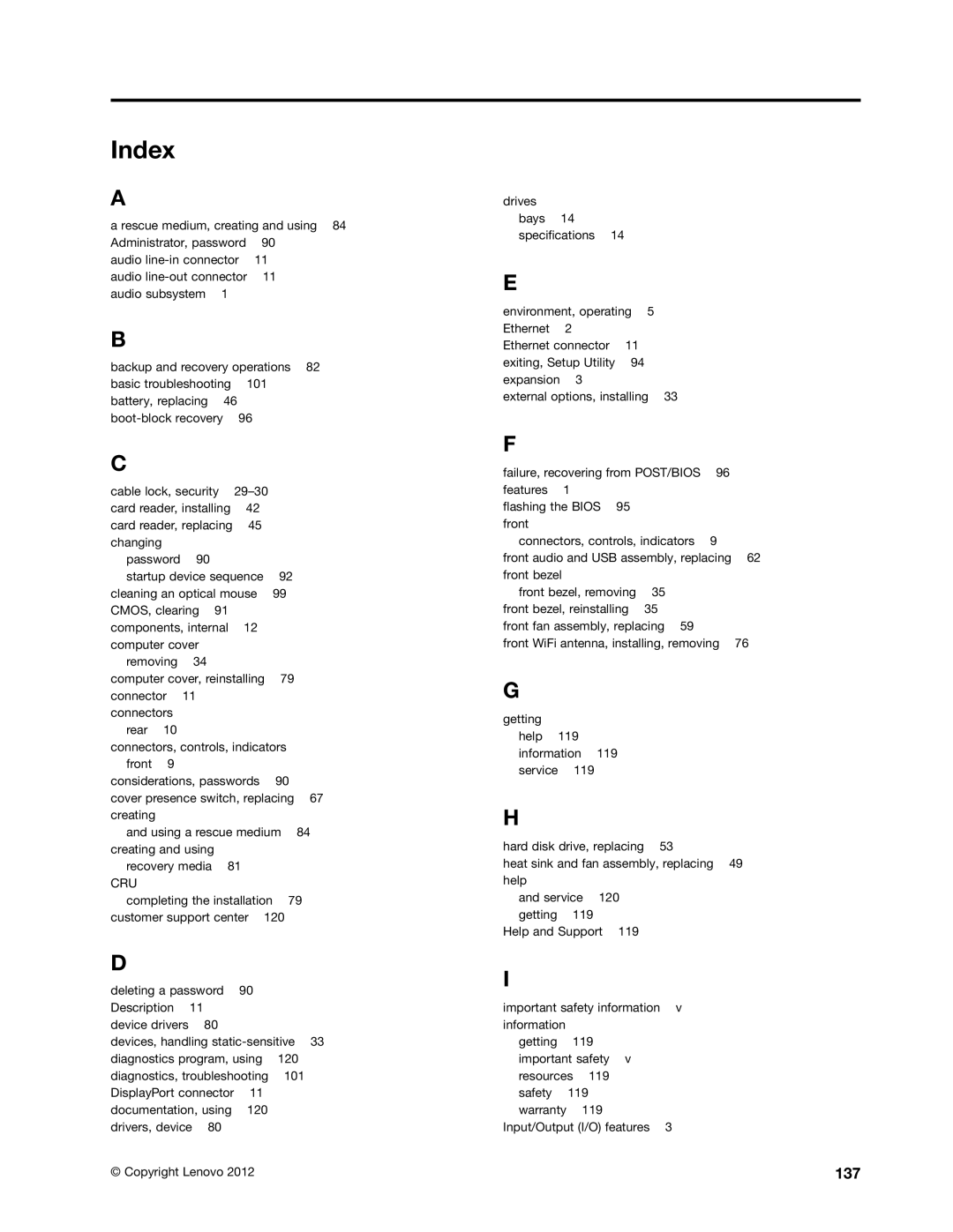 Lenovo 1765, 2112, 2111, 2110, 2011, 1663, 1565, 1662, 1562, 1766 manual Index, 137 