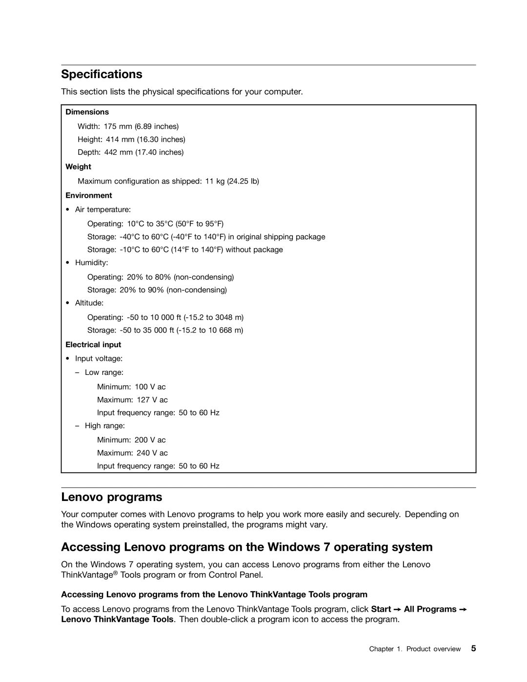 Lenovo 1562, 2112, 2111, 2110, 2011, 1663, 1565 Specifications, Accessing Lenovo programs on the Windows 7 operating system 